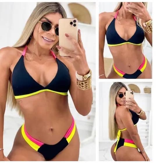 Biquine Feminino Asa Delta Tiras Neon, Moda Juliete Modelo Coleção Nova Envio Imediato. Moda Praia Biquine Neon