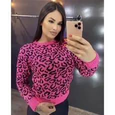 Blusa Feminina Manga Longa Frio Inverno Onça Tricot Tendências Inverno