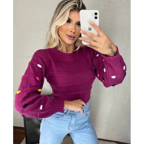 Blusa Feminina tricô Manga Longa Blusa Pompom  Colorido tricot