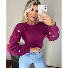 Blusa Feminina tricô Manga Longa Blusa Pompom  Colorido tricot