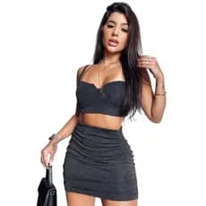Saia Feminina Preta Lurex Curta Com Brilho Moda Balada