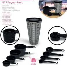 kit medidores 9 peças varejo e atacado copo de 500 ml com tampa xicara e colheres preta no atacado casa cozinha.
