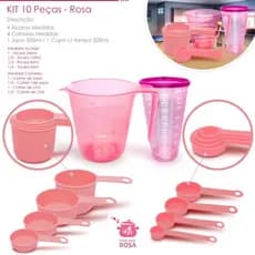 kit medidores 10 peças no varejo e atacado jarra de 500 ml copo de 500 ml com tampa xicara e colher  na cor rosa casa