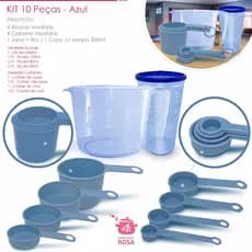 kit ou Conjunto de medidores completos e funcionais na cor azul jarra 1 litro copo com tampa 500 ml xicara e colher