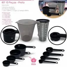 kit medidores 10 peças no atacado e varejo jarra de 500 ml copo de 500 ml com tampa xicara e colher  na cor preta casa