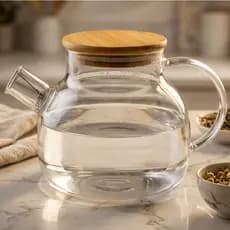 Chaleira Bule de Vidro 1 Litro Tampa de Bambu Transparente Para Chá Café Água Saborizada Mesa Posta
