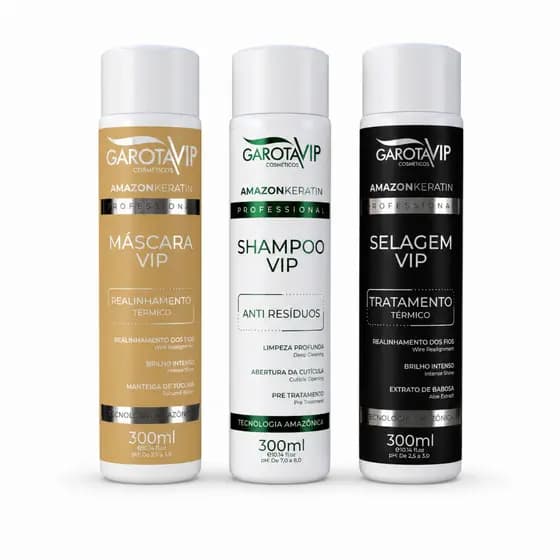 Kit Garota Vip Amazon Keratin 3x300ml Shampoo Antirresíduos, Máscara e Selagem