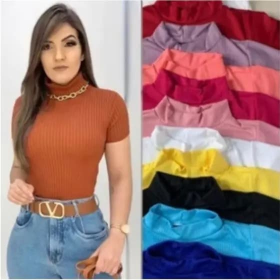 Blusinha Blusa Gola Alta Manga Curta Feminina Moda Casual Básico Roupa Top