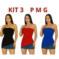Kit 3 Bata Tomara que Caia Com Bojo Assimétrica Blusinha Malha Canelada Ribana Fenda Regata Charmosa Elegante