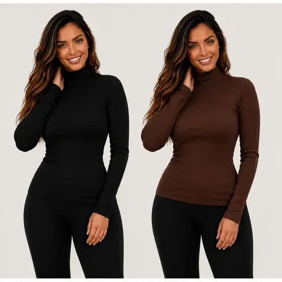 Kit 2 Blusa Frio Manga Longa Feminina Elegante Gola Alta Cacharel Canelada Roupa Básica Moda Aconchegante Frio