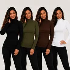 Kit 4 Blusa Frio Feminina Manga Longa Elegante Gola Alta Malha Ribana Canelada Roupa Básica Moda Aconchegante Promoção