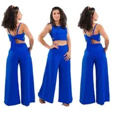 Conjunto Pantalona Social Feminino no Crepe Com Calça Wid Leg Elegante Boca de Sino e Cropped de Amarração