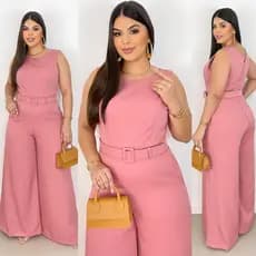 Macacão Longo Social Plus Size Moda Evangélica Com Cinto P ao 54