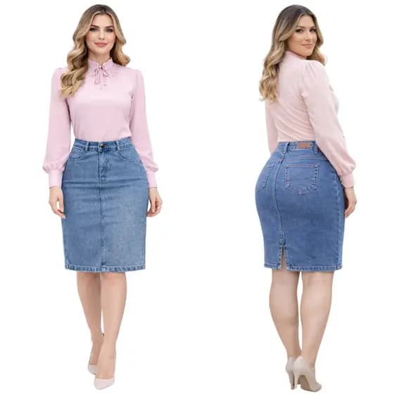 Saia Moda Midi Jeans Feminina Elegante Evangélica Chic