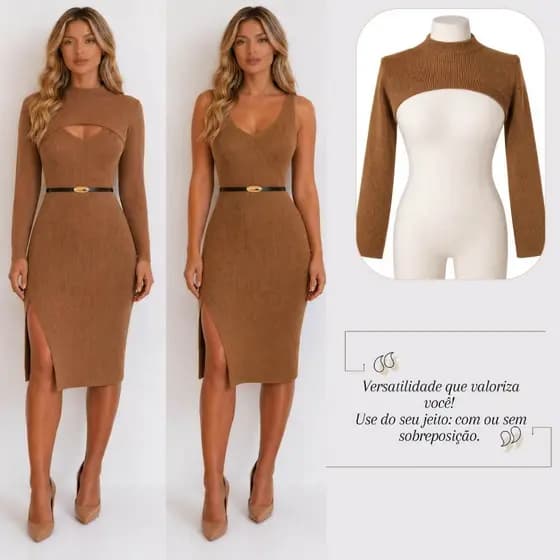Vestido Canelado Midi Feminino Com Fenda Moda Casual Elegante Chic