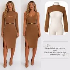 Vestido Canelado Midi Feminino Com Fenda Moda Casual Elegante Chic