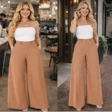 Calça Pantalona Feminina Cintura Alta Com Bolsos Elegante Casual Chic Ampla