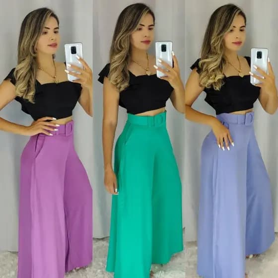 Calça Feminina Pantalona Cintura Alta e Com Cinto P/M/G