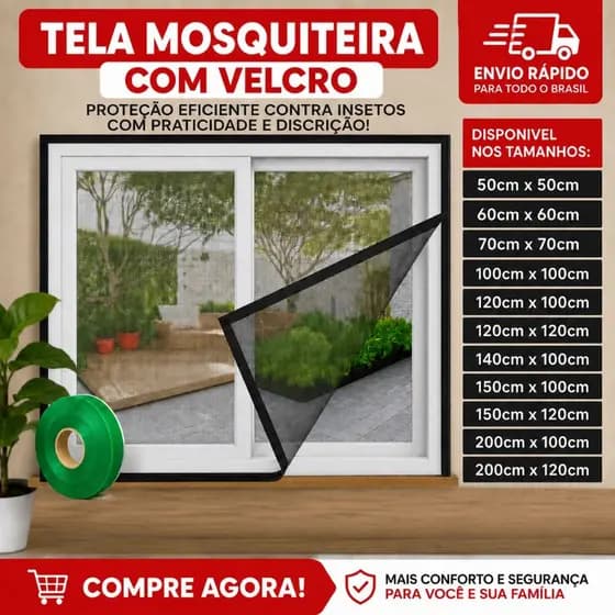 Tela Mosqueteira Fibra de Vidro com Velcro Fácil Instalação Proteção Contra Mosquitos, Pernilongos e Insetos
