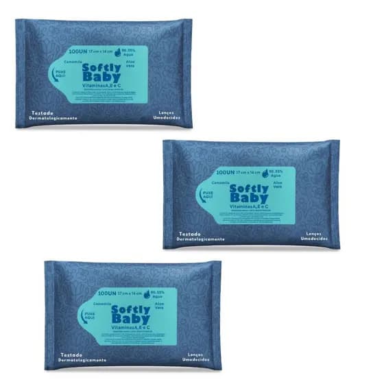 300Un Lenço Umedecido Baby Softly com Vitaminas A, E, C, Aloe Vera e Camomila