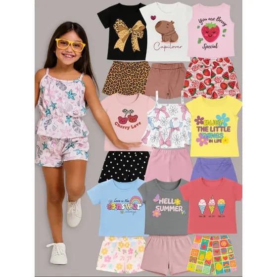 Kit 5 Blusas e 5 Shorts Infantil Menina Roupa Infantil Feminina Verão