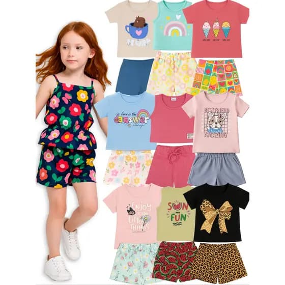 kit 10 peças 5 blusas + 5 shorts Infantil Menina Roupa Feminina Verão