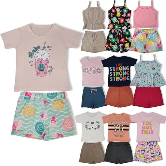 Kit 4 Blusas e 4 Shorts Infantil Menina Roupa Infantil Feminina Verão