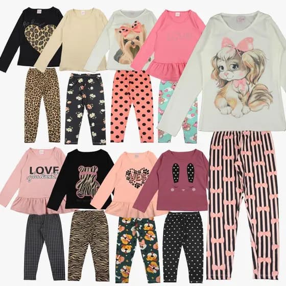 Kit Sortido 8 Peças de Roupas Feminino Infantil Meia Estação 4 Blusas manga longa e 4 Leggings