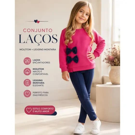 Conjunto Moletom Infantil Menina Laços Inverno Estiloso Legging Montaria