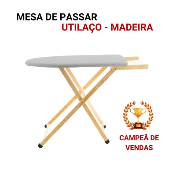 Tabua De Passar Roupa Mesa Passadeira 100% Madeira C/Porta Ferro e Tomada Dobrável Regulagem