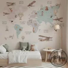 Papel De Parede Infantil De Mapa Mundi Em Tons Pasteis quarto de menino
