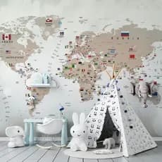 Papel De Parede Infantil De Mapa Mundi Bege Com As Bandeiras