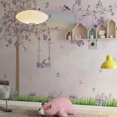 Papel de parede jardim encantado lilás em tom pastel com borboletas