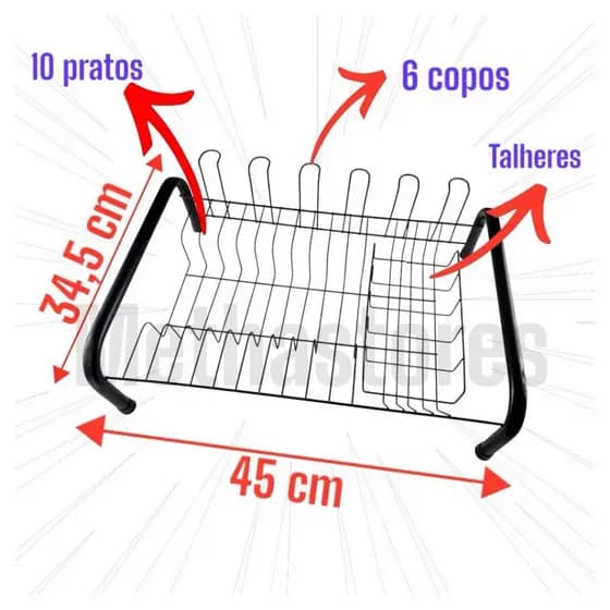 Escorredor de louças para 10 pratos e 6 copos mais talheres aço Pintado resistente na cor Preta