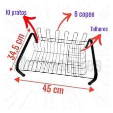 Escorredor de louças para 10 pratos e 6 copos mais talheres aço Pintado resistente na cor Preta