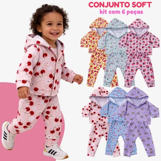 Kit 6 Peças Conjunto Infantil Menina de Inverno Soft Bebê Com Capuz Estampado - 3 Conjuntos