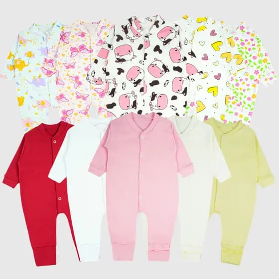 Kit 10 Macacão Para Bebê Pé Reversível Vira Pé Liso e Estampado De Menina Feminino 100% algodão