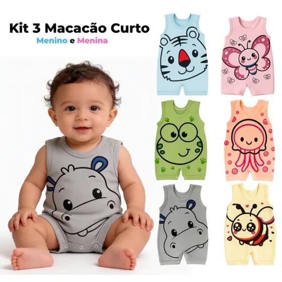 Kit com 3 Macacão Curto Estampado para Bebê - Banho de Sol Menina e Menino 100% algodão Verão Bebê
