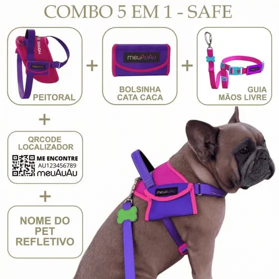 Peitoral Coleira 5 em 1 Com Guia Cata-Caca QR localizador e Nome do Pet