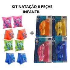 Kit de Natação Infantil Completo com Touca Óculos com Protetor de Ouvido/Nariz + Boia de Braço
