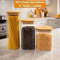 Kit 3 Potes Herméticos De Vidro Tampa Bambu Mantimentos Quadrado Multiuso 1L 750ML 500ML