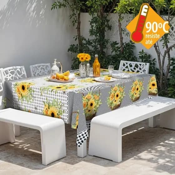 Toalha de Mesa Térmica Impermeável 4 | 6 | 8 | 10  Lugares Quadrada Girassol Decoração Cozinha