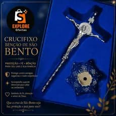 Crucifixo Dourado / Prateado Religioso Com Base Decorativa E Medalha São Bento Para Mesa, Parede e Decoração