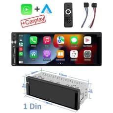 Central Multimídia 1Din IPS Full Screen 6.8 Pols, Android Auto e Carplay, Espelha Waze, Maps, BT, FM