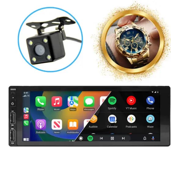 Central Multimídia 1Din 6.8Pols Android Auto, Carplay + Câmera de Ré + Cabos de instalação + Relógio