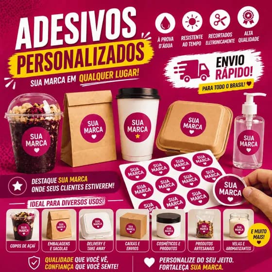 Pack com 250 100 50 Adesivos 9X9cm Personalizados Vinil à Prova D’Água Profissional Envio Rápido