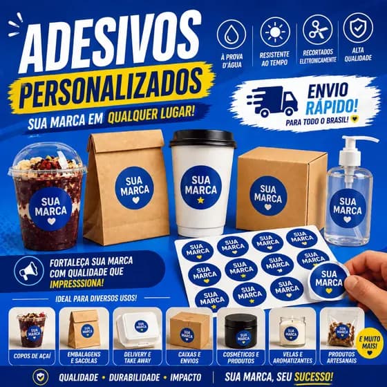 Pack com 1000 500 Adesivos 3x3cm Personalizados Vinil à Prova D’Água Profissional Envio Rápido