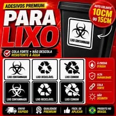 Kit 6 Adesivos para Lixeira 10CM OU 15CM Lixo Comum Contaminado e Recíclavel Preto ou Branco