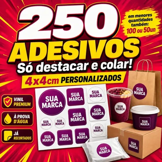 Pack com 250 100 50 Adesivos 4x4cm Personalizados Vinil à Prova D’Água Profissional Envio Rápido
