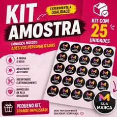 Kit Amostra 25un Adesivos Personalizados com Sua Logo 4x4cm Vinil Premium à Prova d’Água